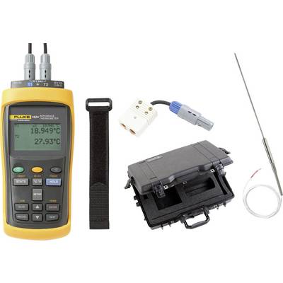 Temperature measuring device with display, case and accessories. Measures temperatures from 18.949 °C to 27.93 °C.