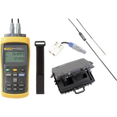 A yellow temperature measuring device with a digital display shows '18.949°C' and '27.93°C'. Accessories and a black case are beside it.