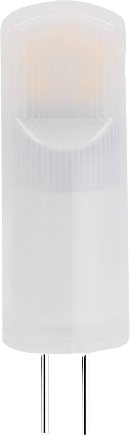 A G4 LED lamp with two pins at the bottom. The housing is white and slightly translucent. It is designed for use in light fixtures.