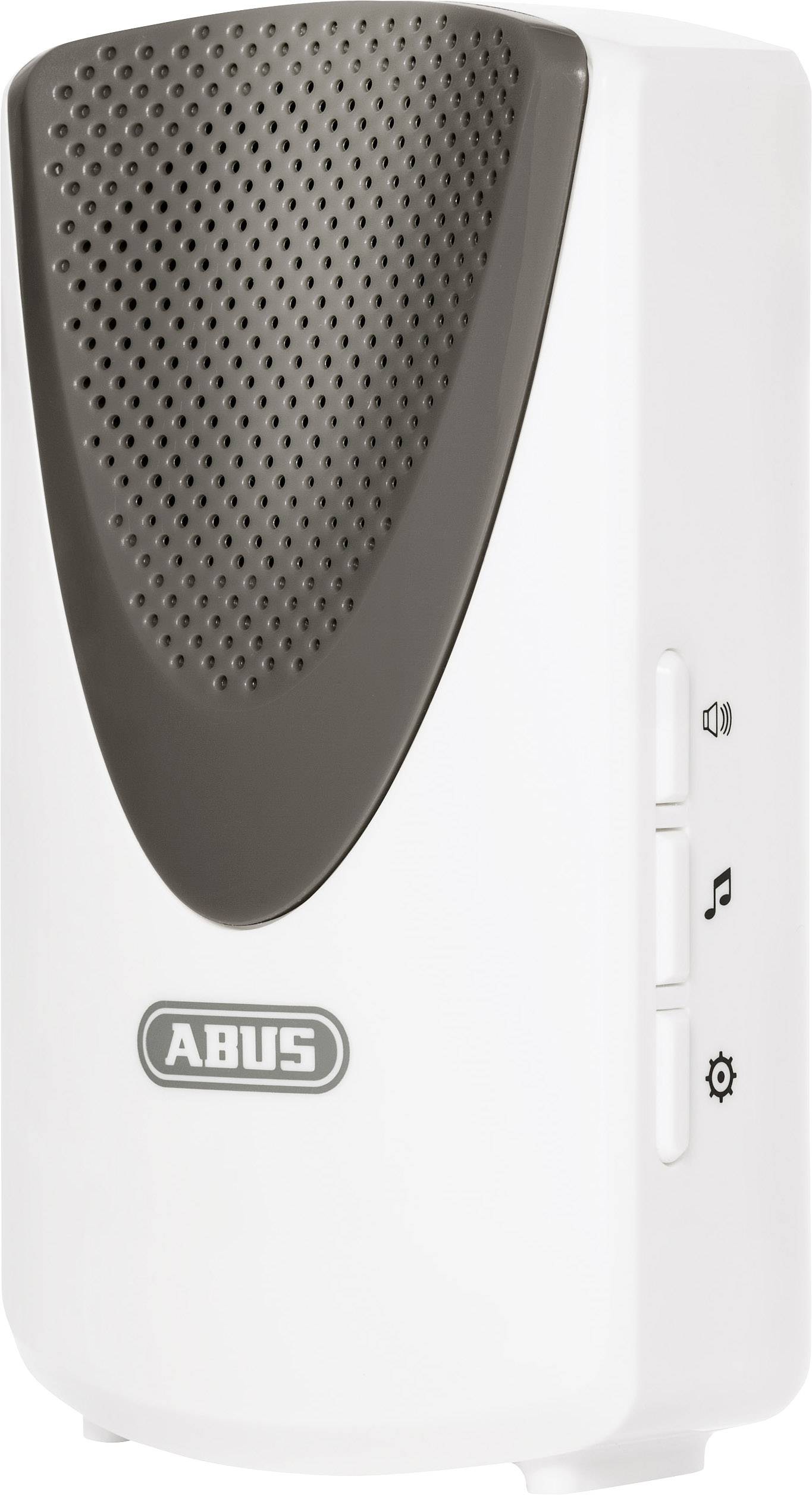 A white ABUS wireless signal receiver with a grey speaker grille. Symbols for volume, music, and settings are located on the side.