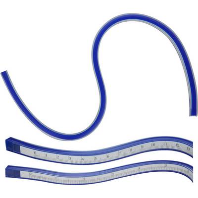 Flexible curve rulers in blue are laid out loosely, demonstrating their ability to adapt to different shapes. Markings and centimetre divisions are visible.