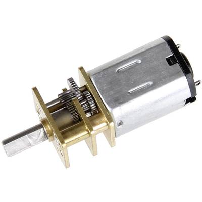 Small electric motor with metallic casing and visible gears. Suitable for robotics or model-building applications.