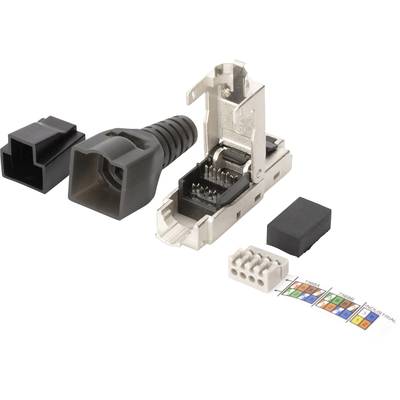 A Cat6A network plug, dismantled into individual components: housing, contact insert, cable end piece, wire guide, cable schema.