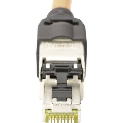 Close-up of a network cable plug with an orange cable. The plug is partially metallic and clearly visible.