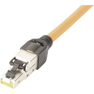 An orange network cable with a metallic plug, suitable for connecting to network devices.