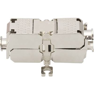 Metal adapter in silver colour, likely a coaxial connector with two couplings for connection purposes.
