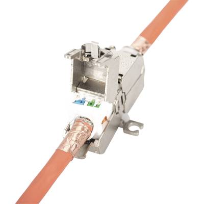 An orange network cable plugged into a silver Ethernet connector. The connector is partially opened to reveal internal connections.