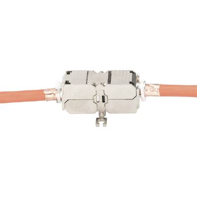 A metallic plug housing connects two orange-sheathed cables.