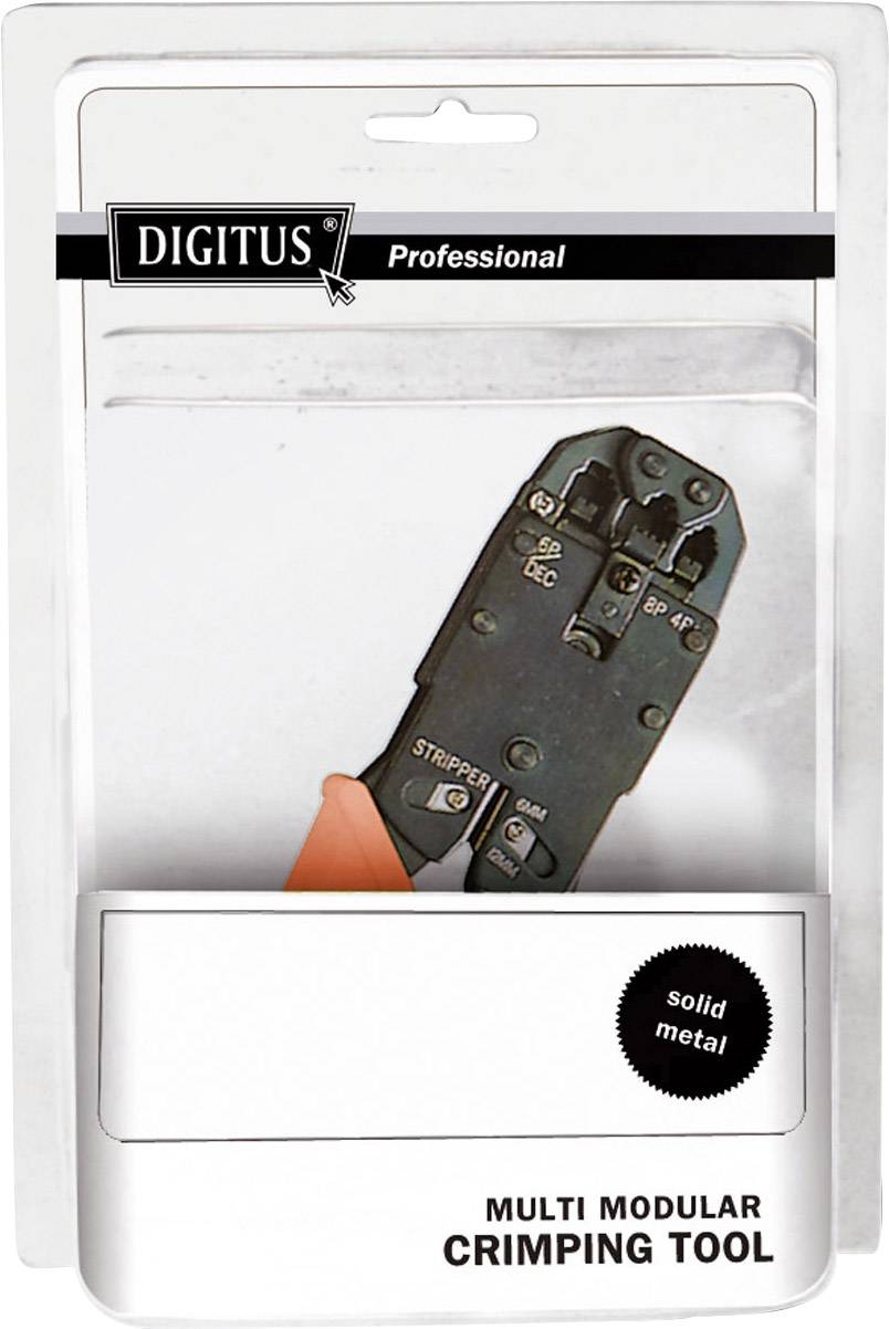 'Multi Modular Crimping Tool' in packaging, brand 'DIGITUS', with an orange handle, suitable for crimping connectors.<br><br>Note: The translation is essentially the same as the original text, with minor adjustments to sound more natural in British English.