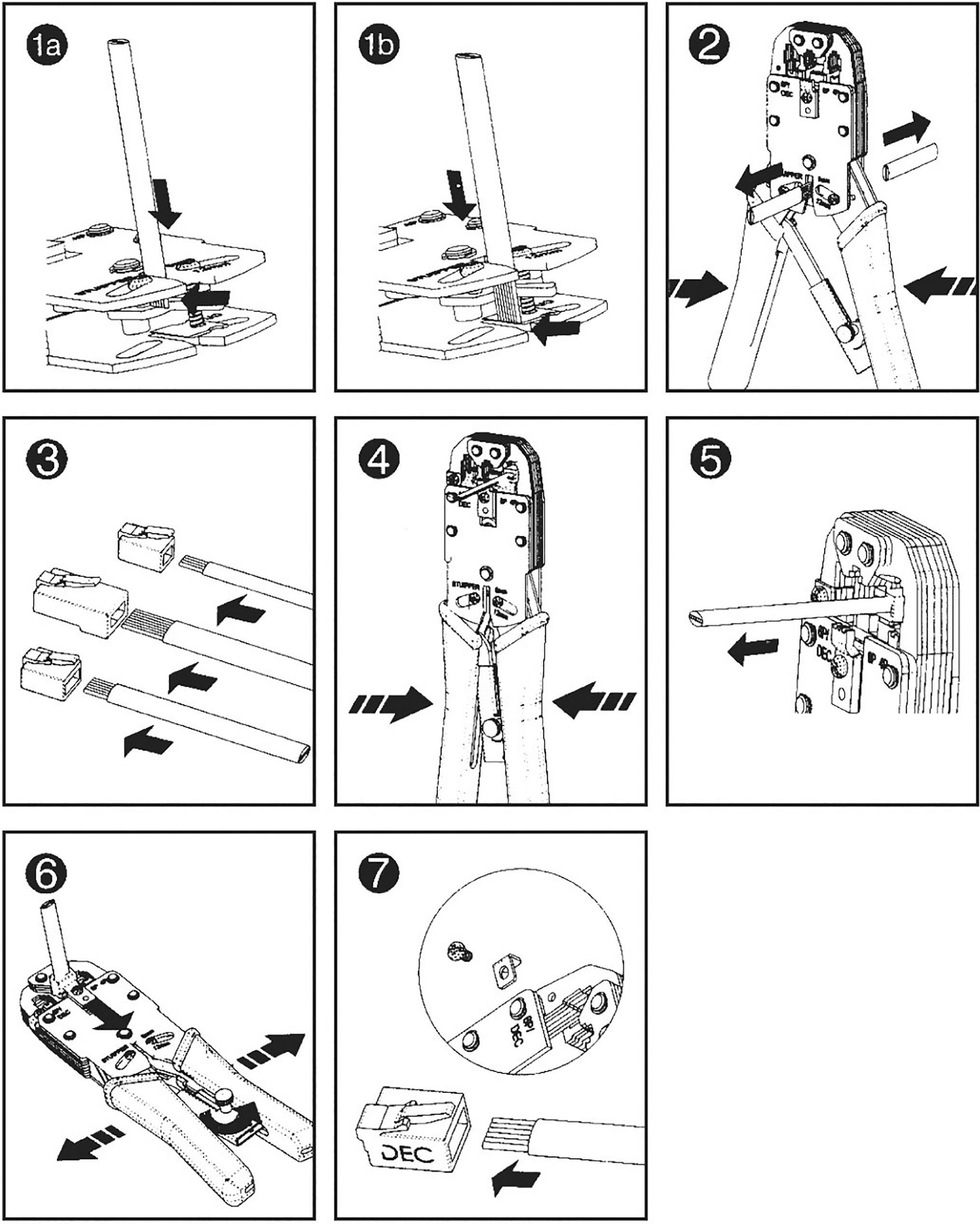 The illustration shows seven steps for crimping an RJ45 plug using a crimping tool: stripping the cable, positioning the plug, crimping, and checking.
