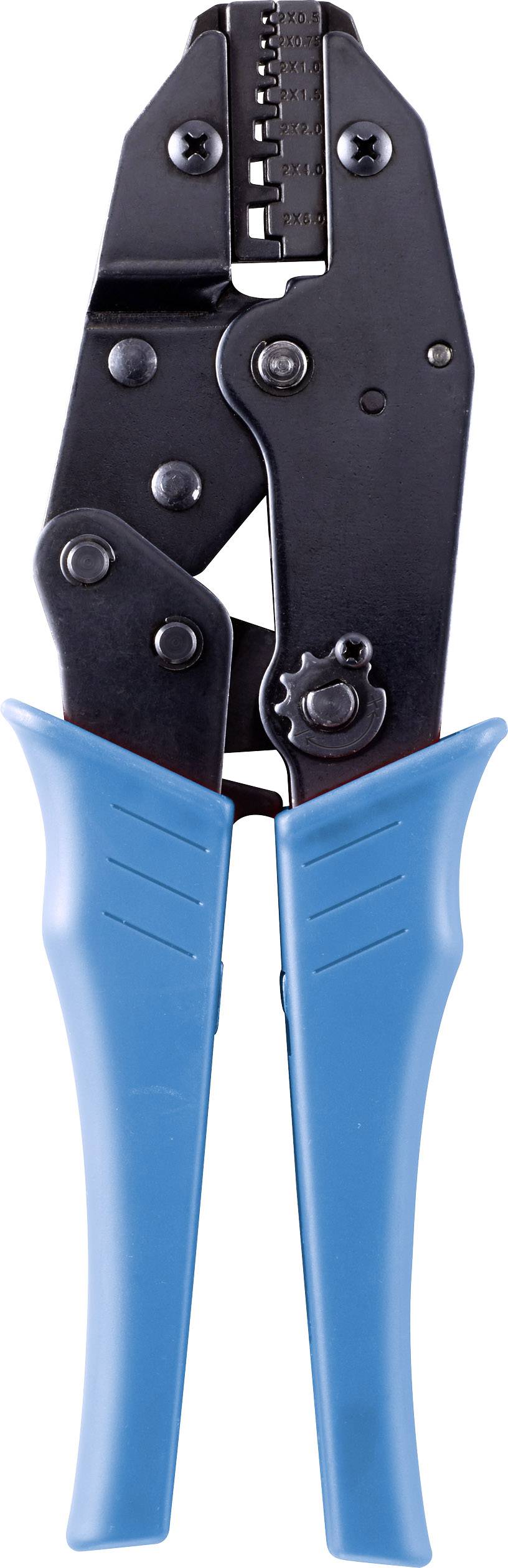 A crimping plier with a blue handle, used for connecting cables to connectors by crimping.