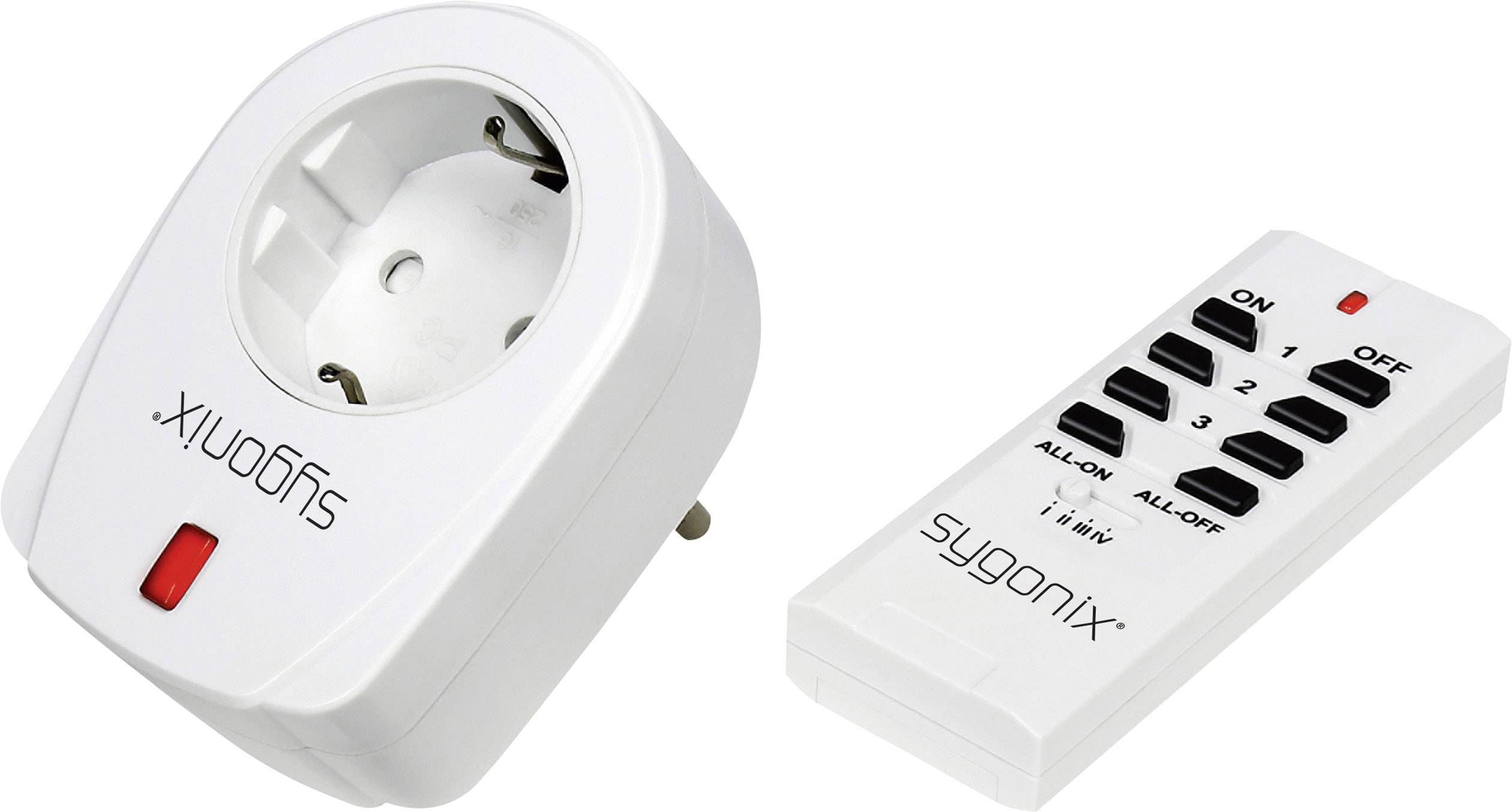 Remote-controlled socket for controlling electrical devices. The remote control features On/Off buttons and numbers 1-3.