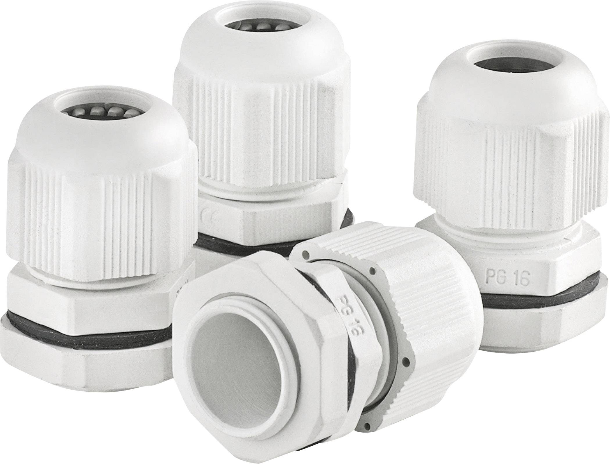 Four white cable glands in various perspectives. They are cylindrical with threaded surfaces and black seals.