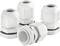 Four white cable glands in various perspectives. They are cylindrical with threaded surfaces and black seals.