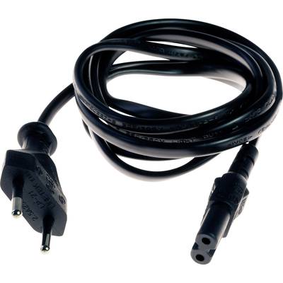 A black network cable with a two-pin Euro plug and a three-pin device plug, coiled on a surface.