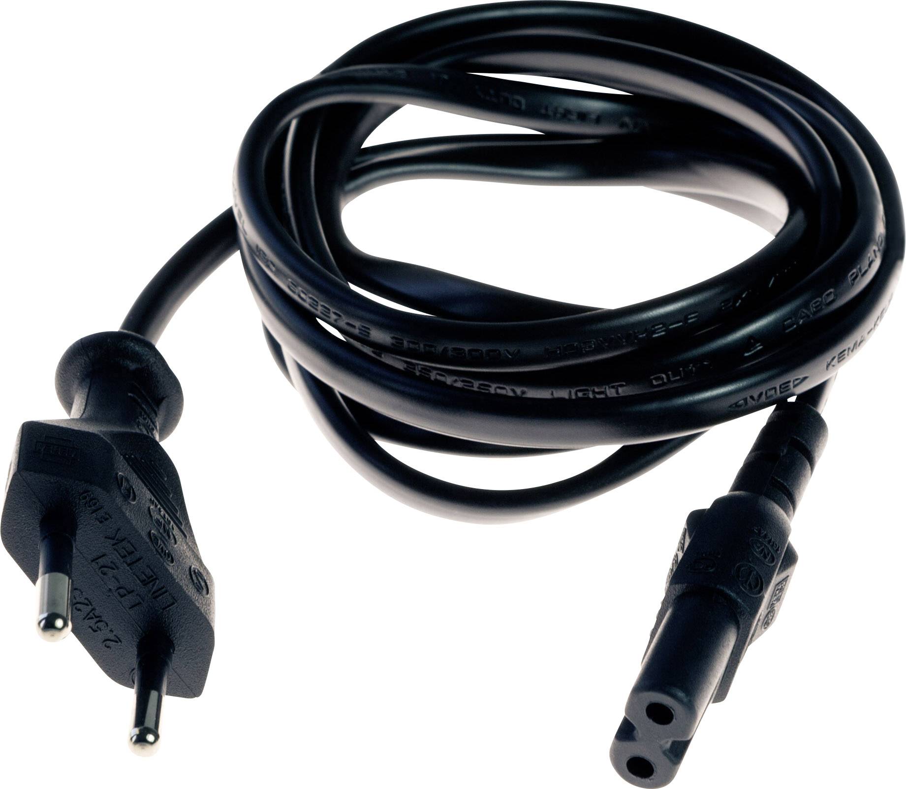 Black network cable with European plug and three-pin socket connector. Suitable for connecting devices to mains power.