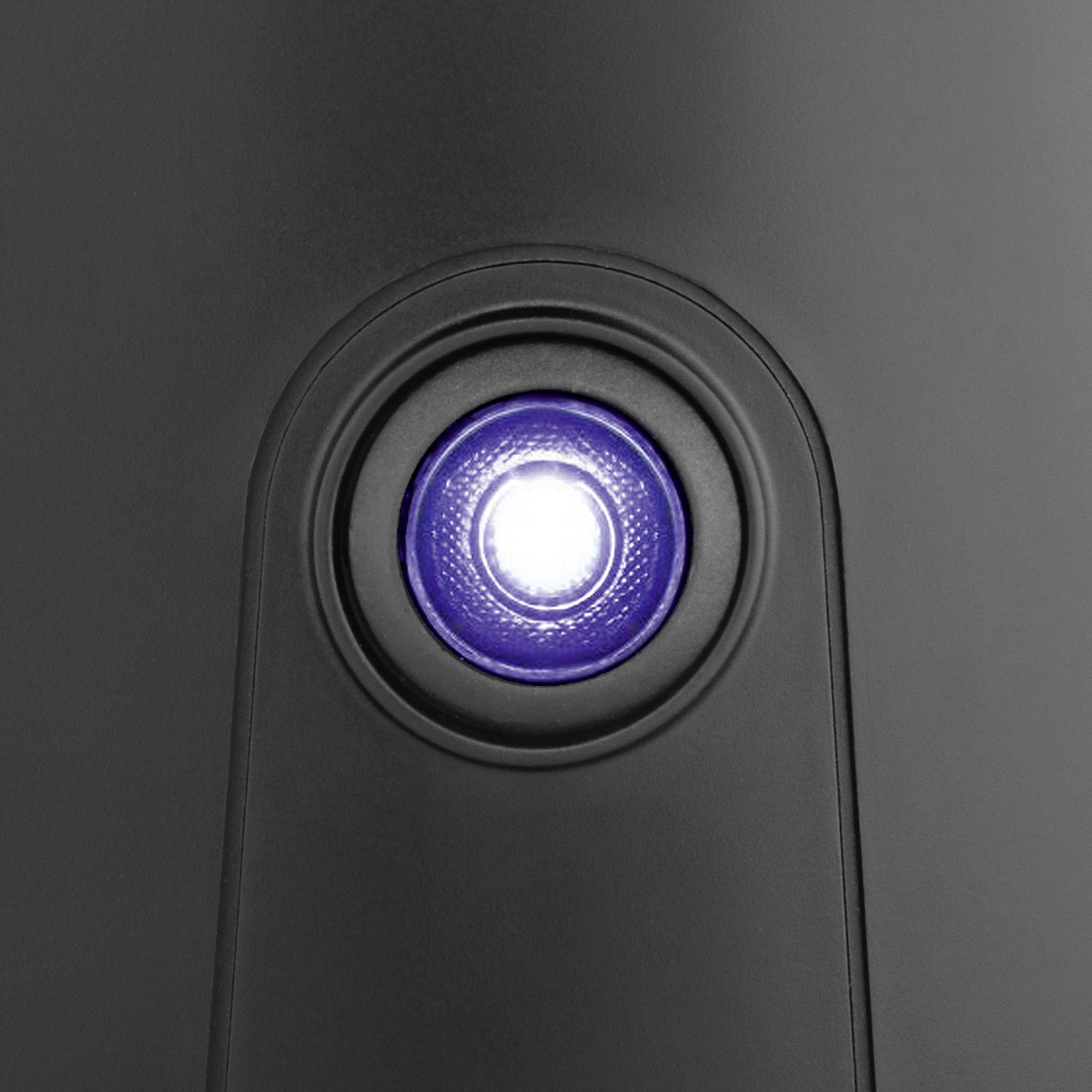 Black and grey surface with a luminous, blue light in the centre, reminiscent of a camera lens.