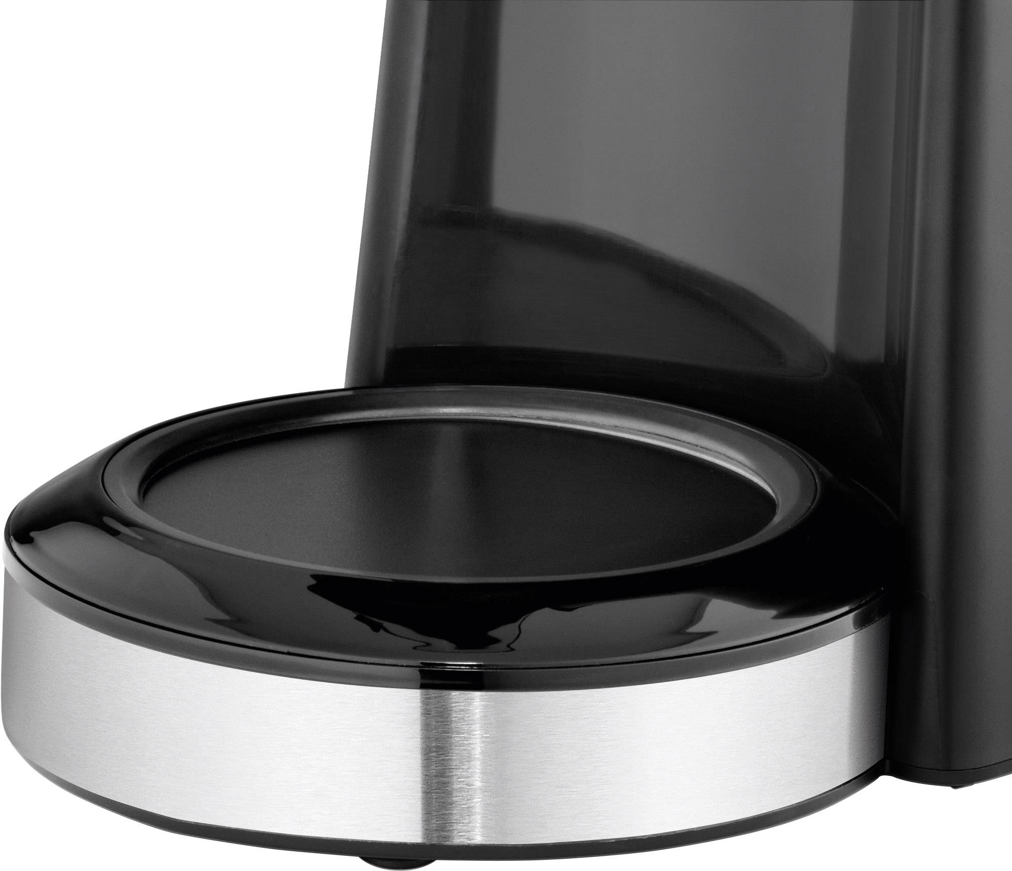 A vacant, black coffee pot base with stainless steel details, without a pot placed on it.