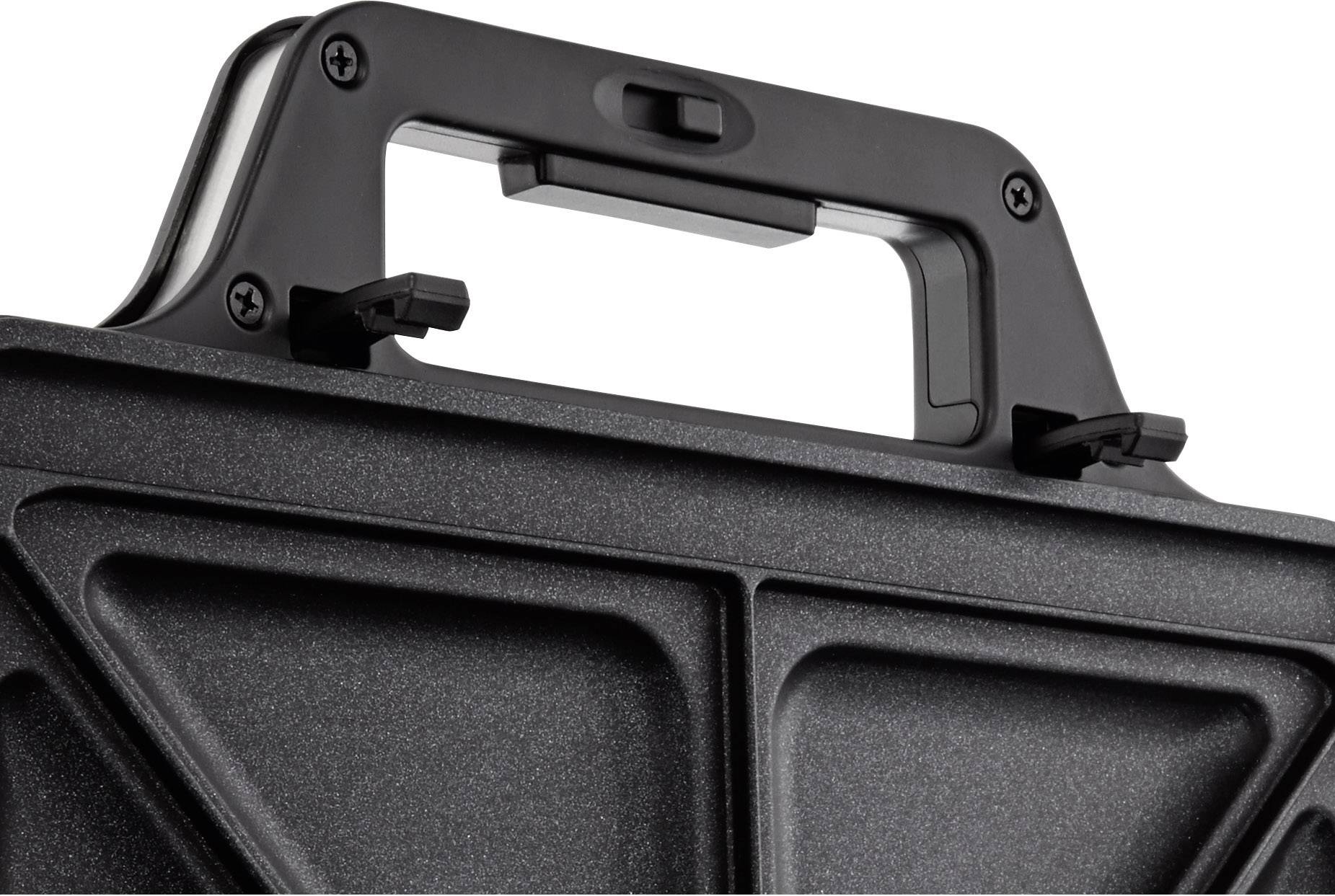 Close-up of a sturdy, black suitcase handle with grooves, indicating safety and robustness.