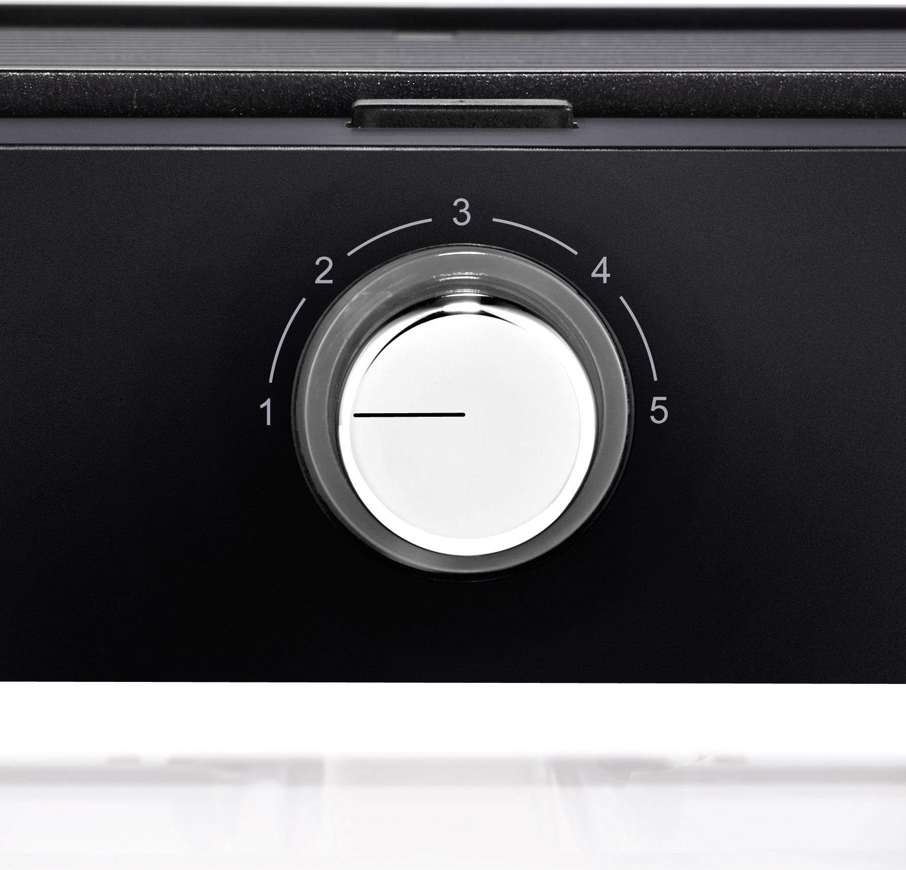 A black rotary knob with numbers 1 to 5, with a pointer indicating 2, for setting the level of a device.
