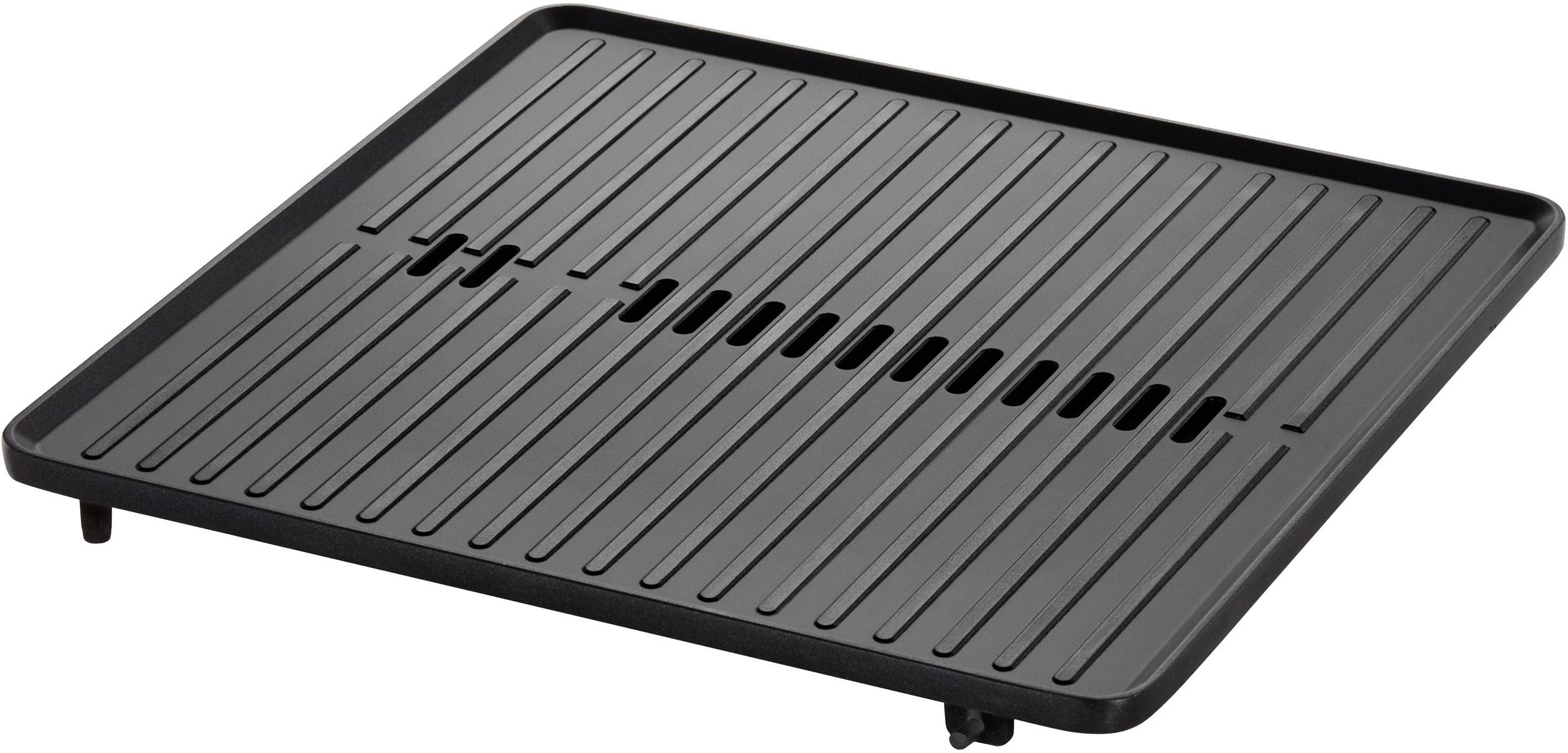 Black square griddle plate with ridged surface and raised edges, suitable for grilling on the hob.