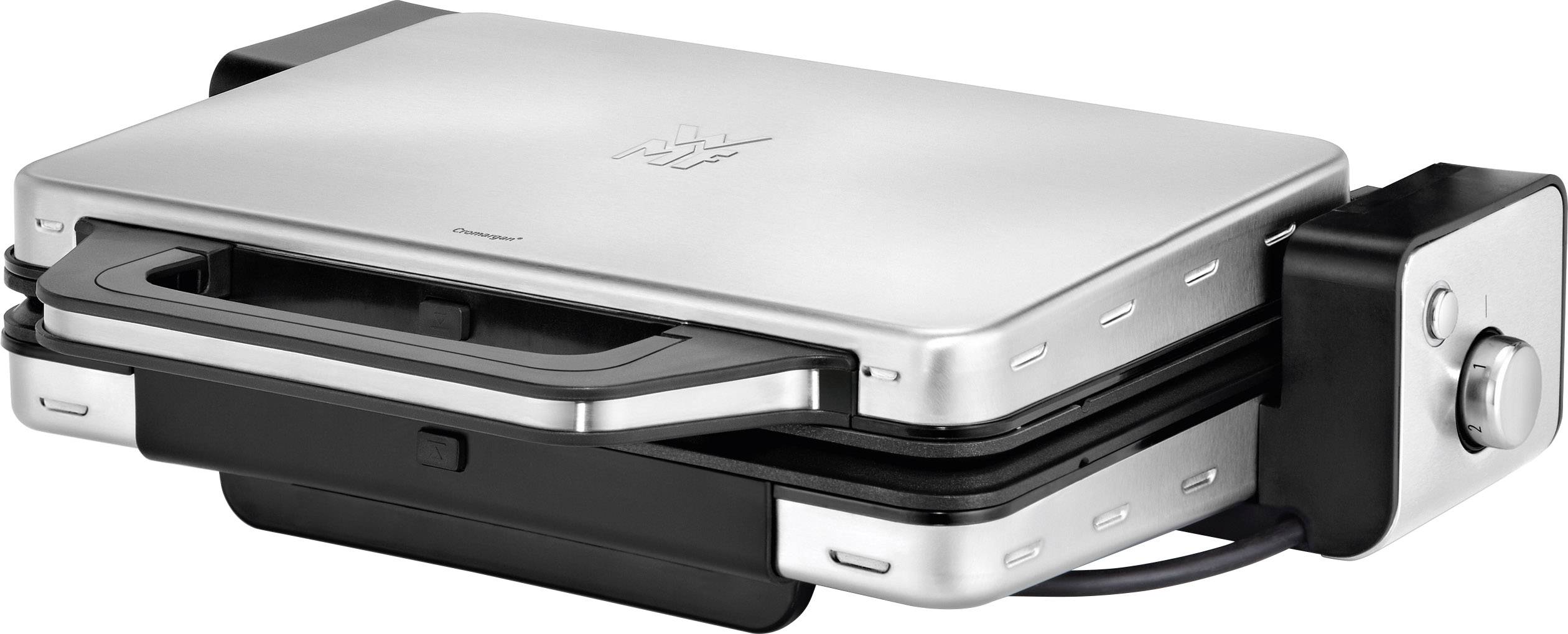 A silver sandwich toaster with indicator lights and a temperature control on the side.