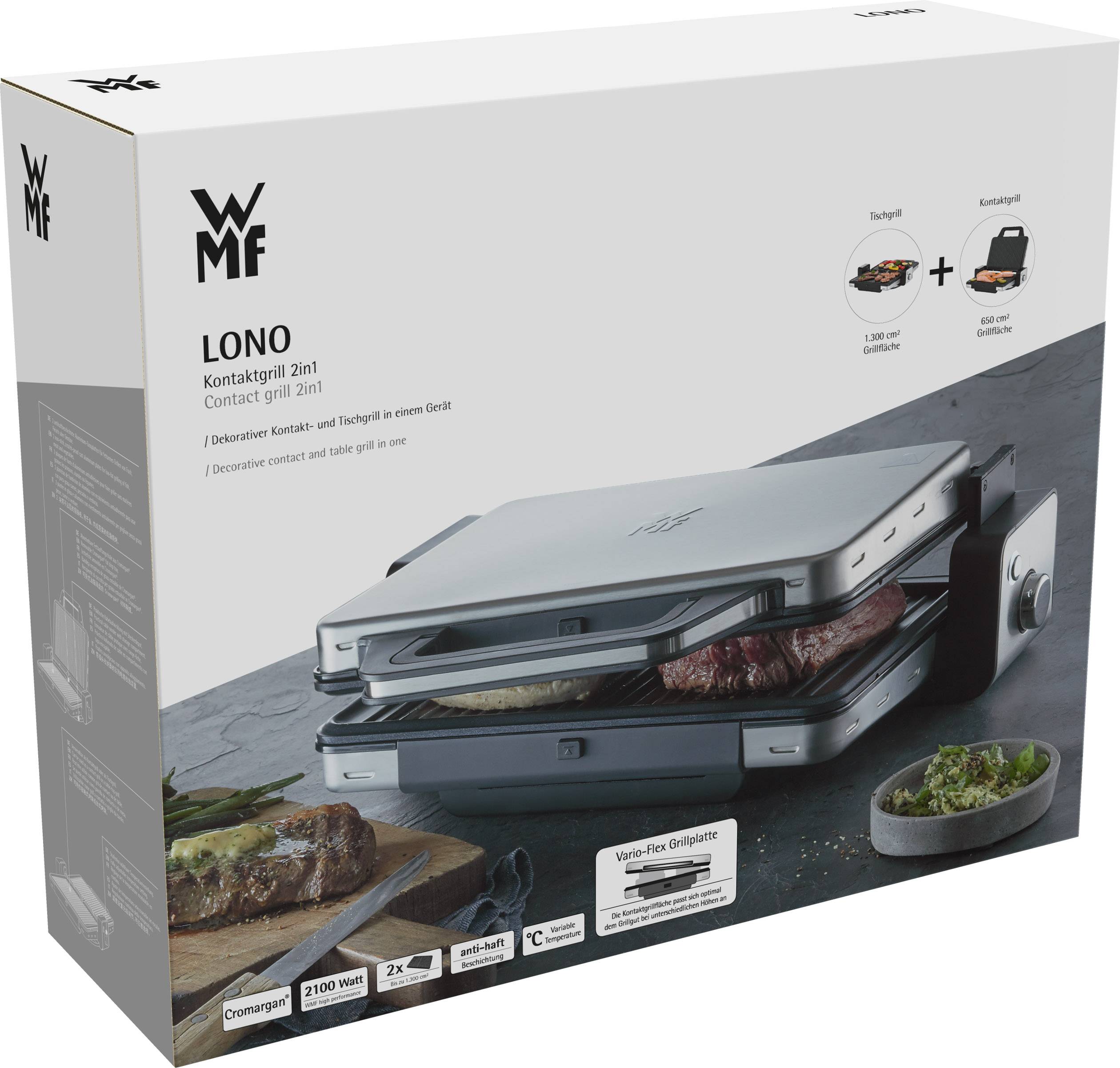 Packaging for a WMF LONO 2-in-1 Contact Grill. Shows the appliance with steak and vegetables. Includes indications of its function as a contact and table grill.