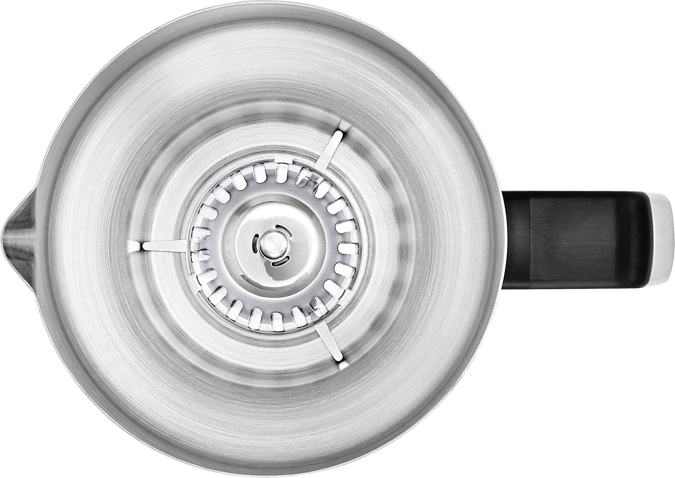 Silver stainless steel kettle, top view. The lid has a black handle in the centre, positioned on the right side.