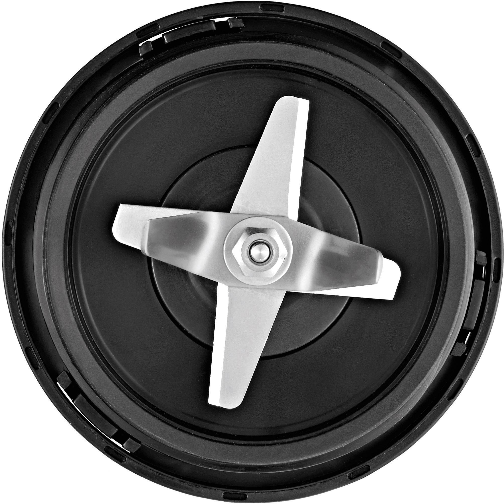 Mixer base with stainless steel blades, visible from above.