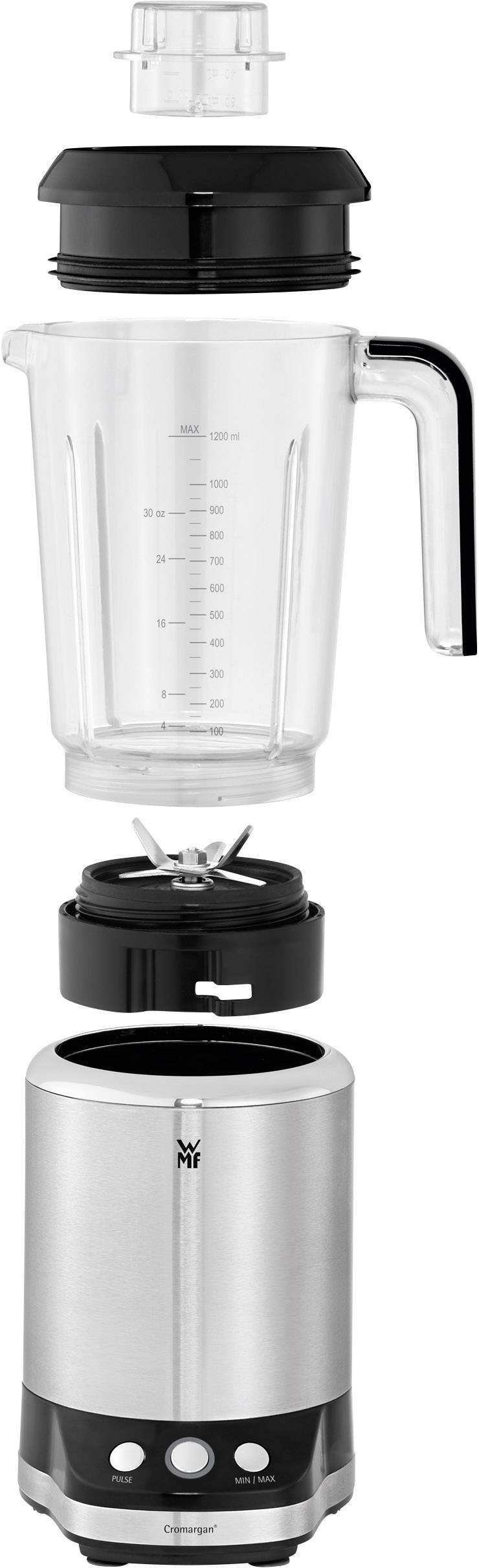 Exploded diagram of a blender in four parts: lid, mixing container with scale markings, blade unit, and motor base in stainless steel finish.