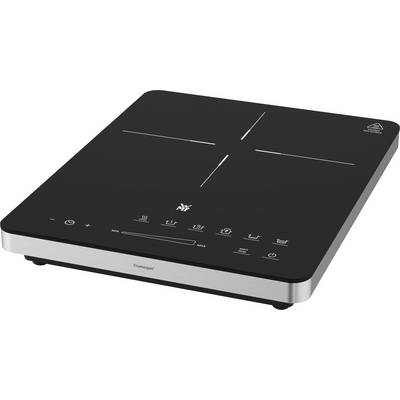 A black, rectangular induction hob with four cooking zones, digital controls, and a silver border. Suitable for modern cooking.