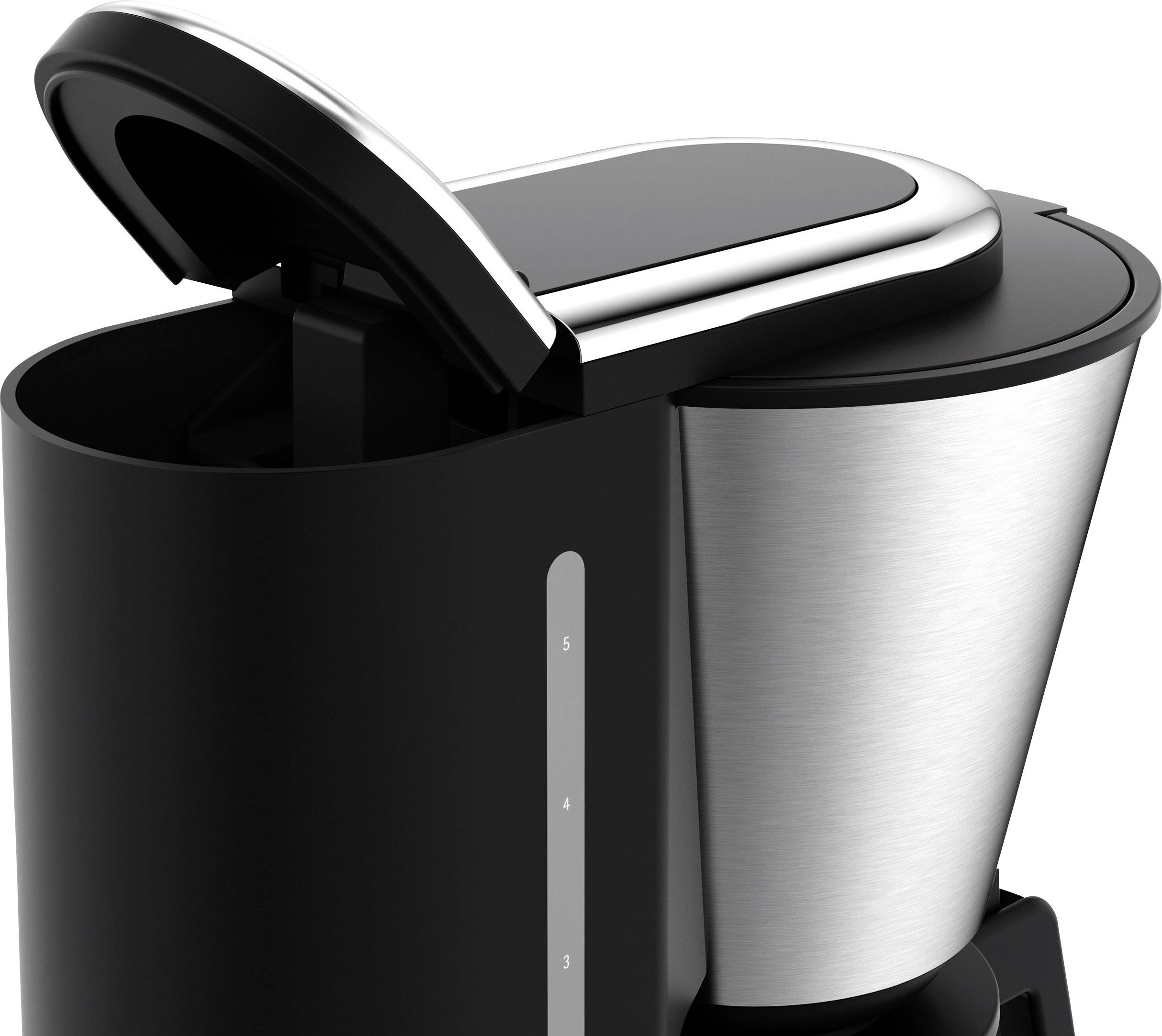 A modern black kettle with its lid open, revealing the stainless steel interior container.