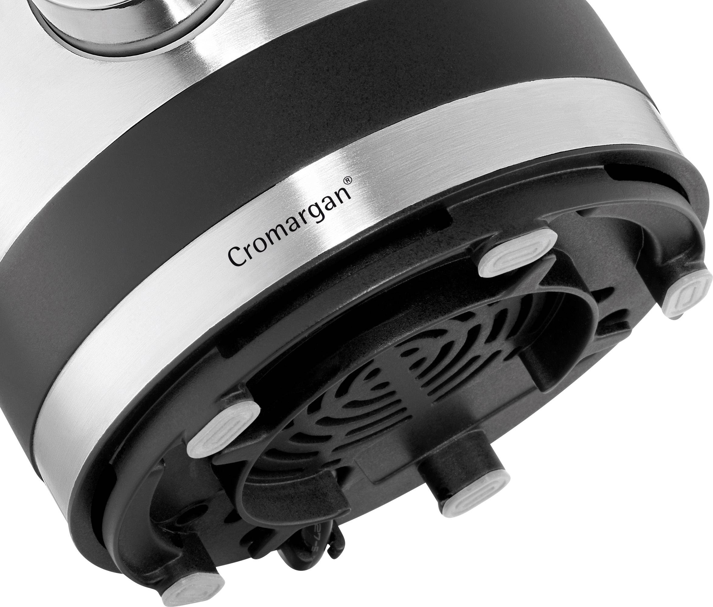 Underside of a kitchen appliance made of stainless steel with the inscription 'Cromargan' and several round rubber feet for stability.