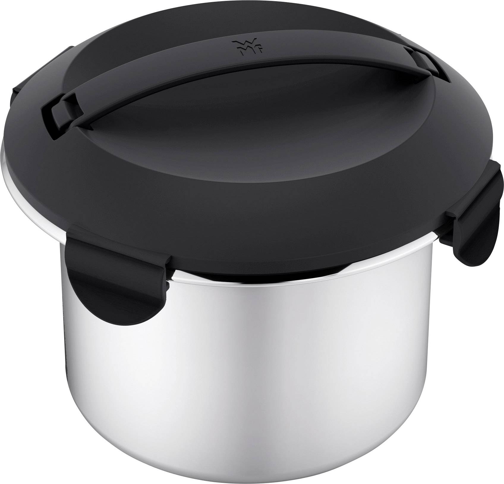 A silver pressure cooker with a black, sturdy lid and handle. Perfect for quick cooking under pressure.