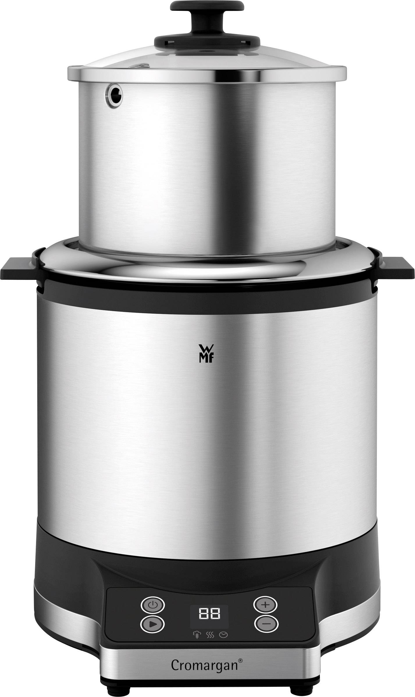 Stainless Steel Electric Steam Cooker with Digital Display and Push Buttons. Upper Container with Lid. Brand WMF.