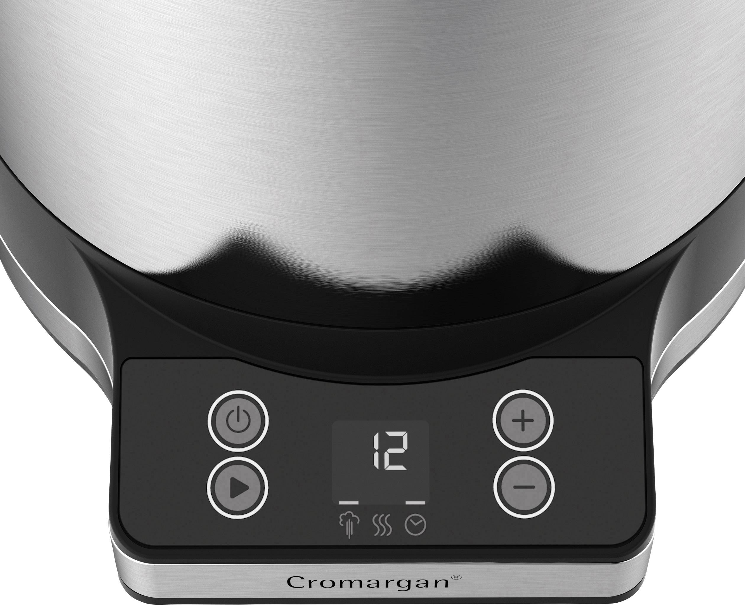 Stainless steel electric kettle, close-up of the control display with power on/off buttons and temperature control.