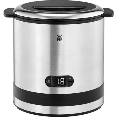 Electric egg cooker made of stainless steel with digital display. Shows '18' minutes. Suitable for up to seven eggs.