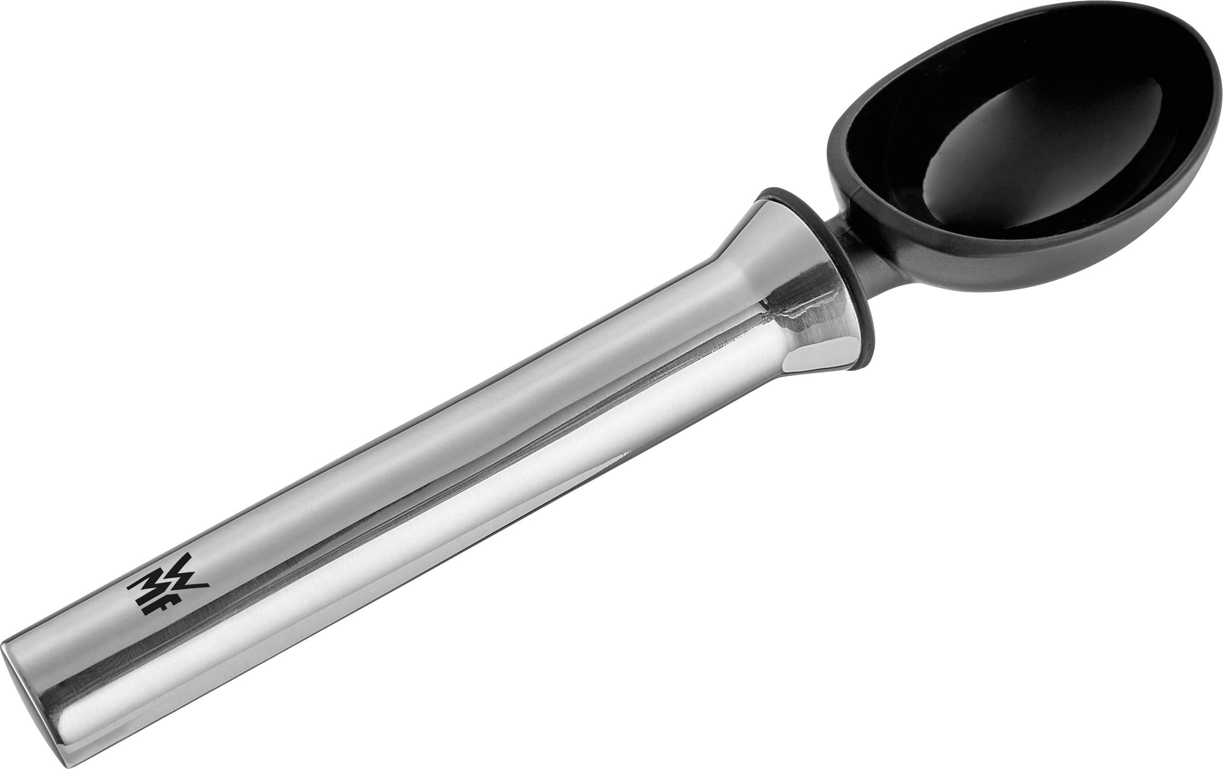 Stainless steel ice cream scoop with a black plastic handle, suitable for serving scoops of ice cream.