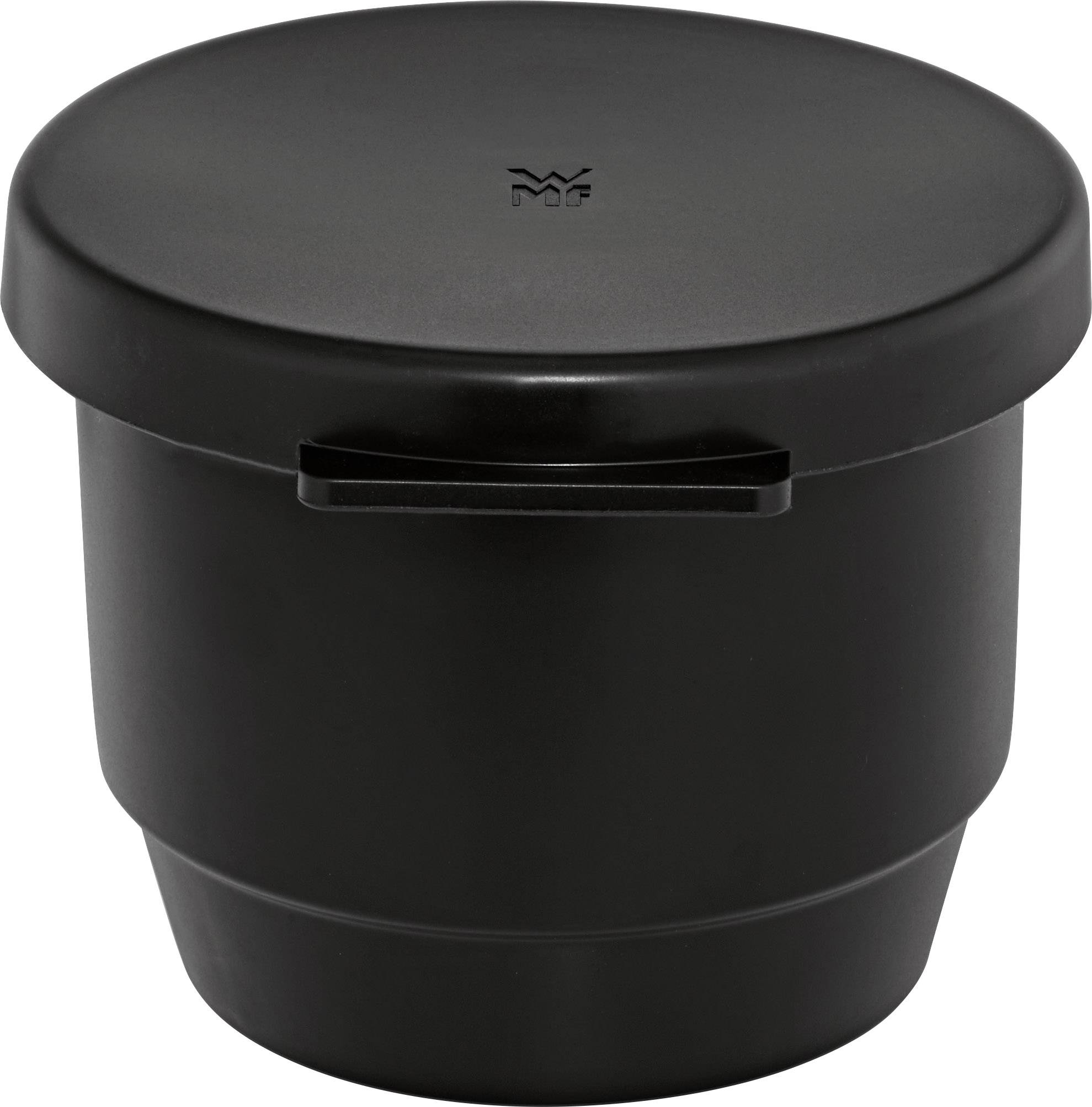 Black, round container with a lid and handle; used for storing or collecting rubbish.
