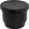 Black, round container with a lid and handle; used for storing or collecting rubbish.