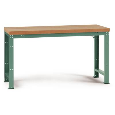 A sturdy table with green metal legs and a brown wooden top. Ideal for work or workshop environments.