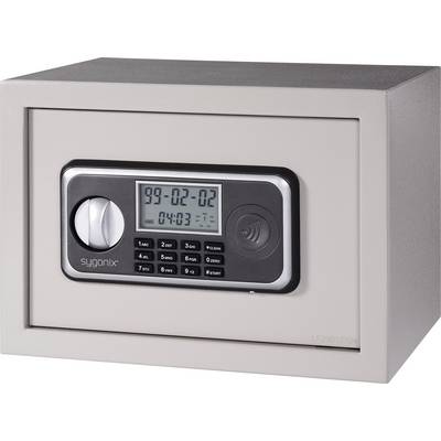 A grey safe with a digital control panel and display shows the date '99-02-02' and time '04:03'.