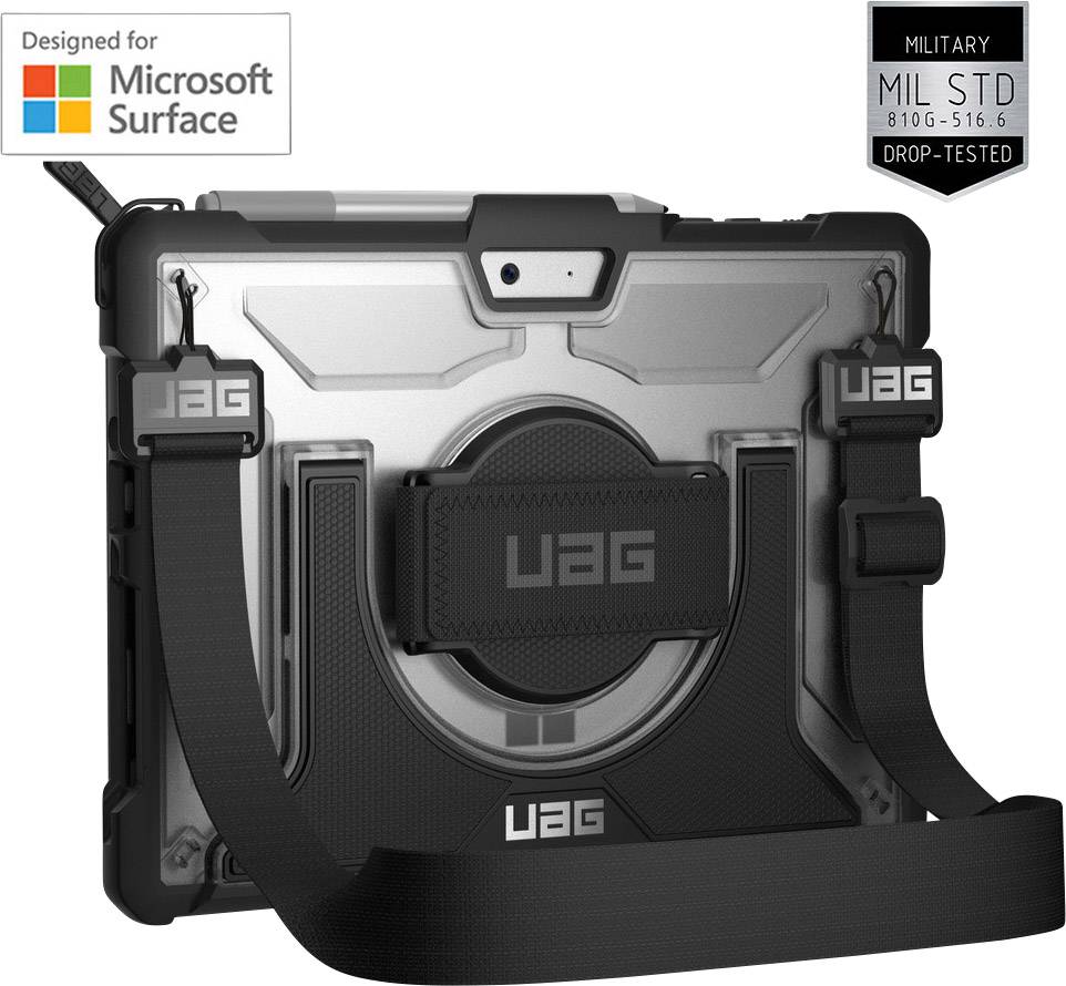 Protective case for Microsoft Surface, rugged, with carrying strap, black, certified to "MIL STD 810G-516.6" for drop protection.