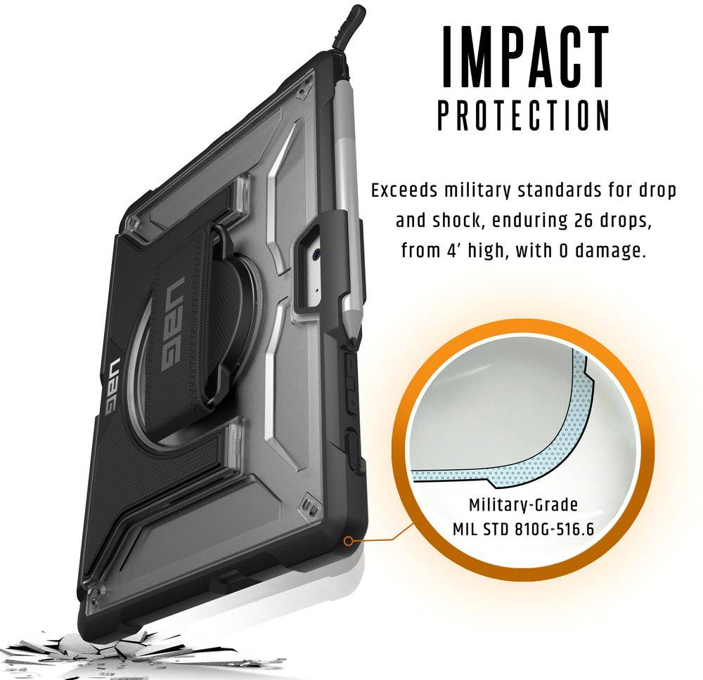 Tablet with protective case. Text: 'IMPACT PROTECTION'. Meets military standards for drop and shock resistance, withstands 26 drops from a height of 1.2m.