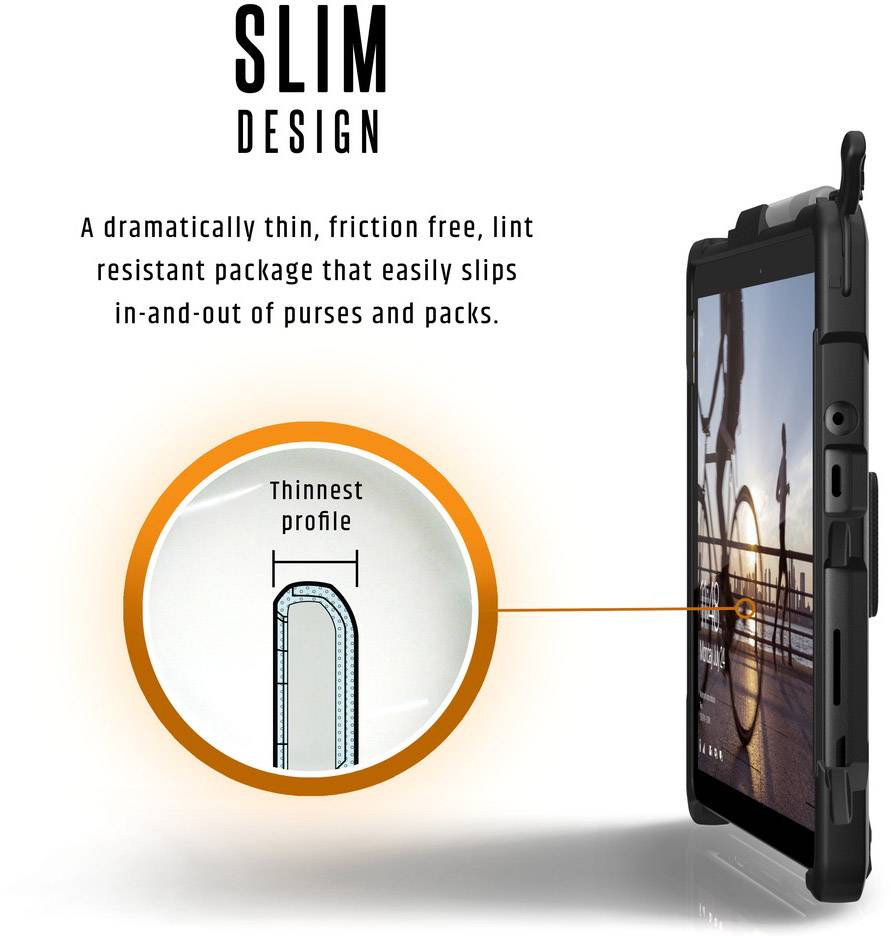 'SLIM DESIGN': Thin, smooth, lint-free case that easily fits into pockets. Image shows slightly contoured, slender side view.