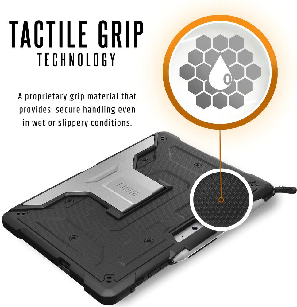 Tablet with a black protective case and non-slip grip surface. Text describes technology for secure handling in wet or slippery conditions.