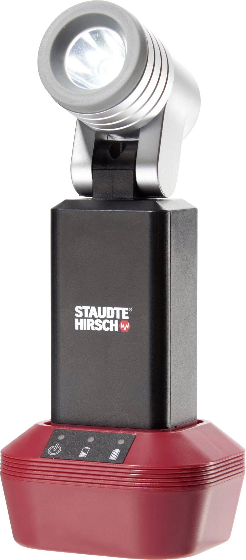 A black and red LED work light with the inscription 'Staudte Hirsch' is illuminated when switched on.