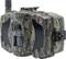 Wildlife camera with camouflage pattern for nature surveillance, equipped with an antenna for wireless communication and an infrared sensor.