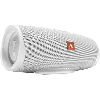 Portable white speaker with an orange logo in the centre, showing multiple LED indicators on the side.