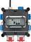 An electrical distribution board with multiple blue sockets and two red ones, viewed from the front; includes circuit breakers.